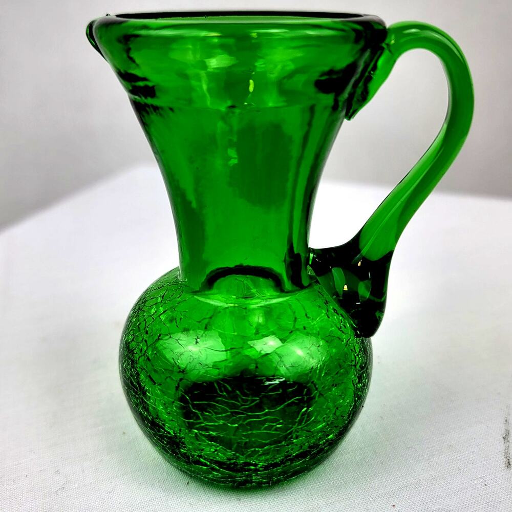 Vintage Stunning Green Crackle Glass 4" Pitcher Applied Handle No Imperfections